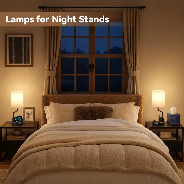 Alt view image 3 of 7 - Bedside Lamps for Bedroom Set of 2 - Table Desk Lamp for Nightstand | 15" Table Lamp for Living Room with Pen Holder & Phone Stand, USB A+C Port, AC Outlet, 3 Color Temperature, LED Bulb Included