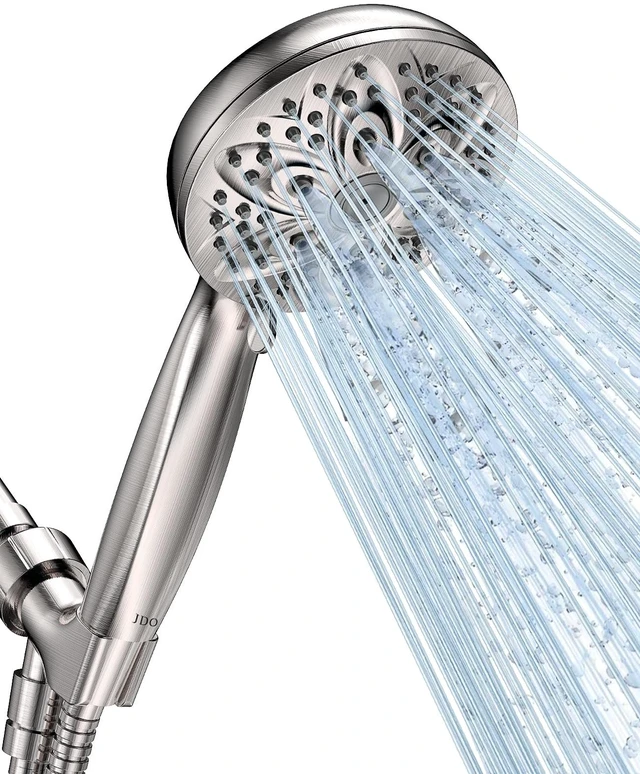 Main image of Handheld Shower Head, 6 Spray Settings, Brushed Nickel Finish | High-pressure flow, detachable design, stainless steel hose & bracket, universal bathroom connection