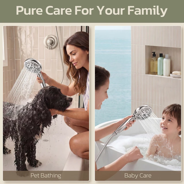 Alt view image 3 of 7 - Handheld Shower Head, 6 Spray Settings, Brushed Nickel Finish | High-pressure flow, detachable design, stainless steel hose & bracket, universal bathroom connection