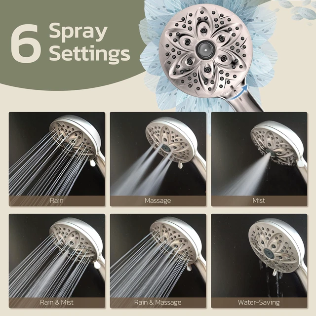 Alt view image 4 of 7 - Handheld Shower Head, 6 Spray Settings, Brushed Nickel Finish | High-pressure flow, detachable design, stainless steel hose & bracket, universal bathroom connection