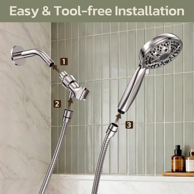 Alt view image 6 of 7 - Handheld Shower Head, 6 Spray Settings, Brushed Nickel Finish | High-pressure flow, detachable design, stainless steel hose & bracket, universal bathroom connection