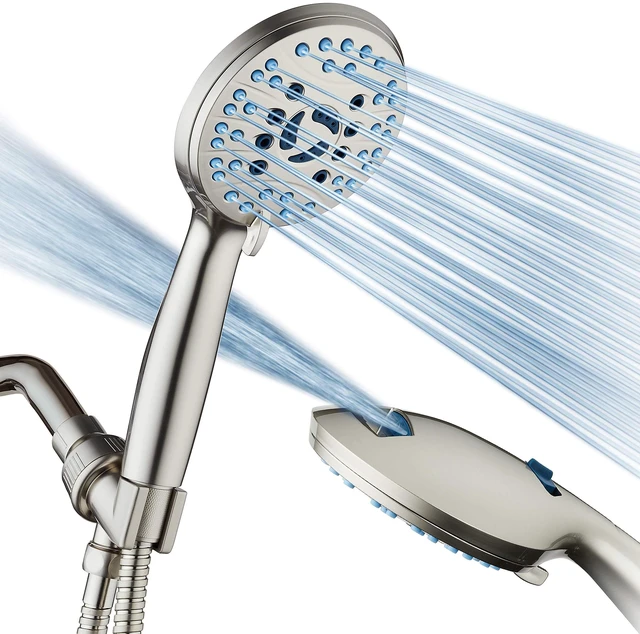 Main image of AquaCare 8-mode High Pressure Handheld Shower Head with 2-mode Power Wash | Stay Clean Nozzles, Dual Power Wash for Tub, Tile & Pets, Long 6 ft. Stainless Steel Hose, Wall & Overhead Brackets / Nickel