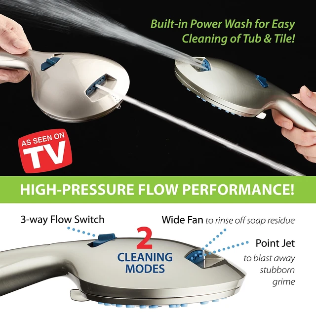 Alt view image 5 of 7 - AquaCare 8-mode High Pressure Handheld Shower Head with 2-mode Power Wash | Stay Clean Nozzles, Dual Power Wash for Tub, Tile & Pets, Long 6 ft. Stainless Steel Hose, Wall & Overhead Brackets / Nickel