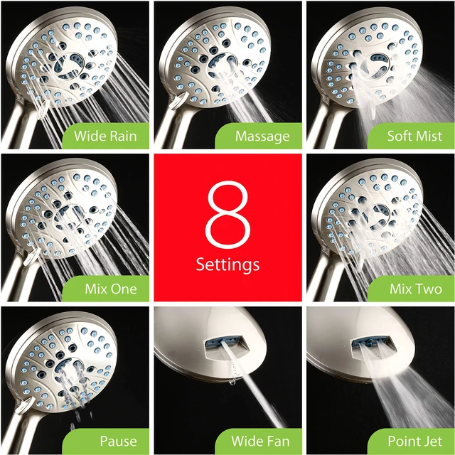 Alt view image 4 of 7 - AquaCare 8-mode High Pressure Handheld Shower Head with 2-mode Power Wash | Stay Clean Nozzles, Dual Power Wash for Tub, Tile & Pets, Long 6 ft. Stainless Steel Hose, Wall & Overhead Brackets / Nickel