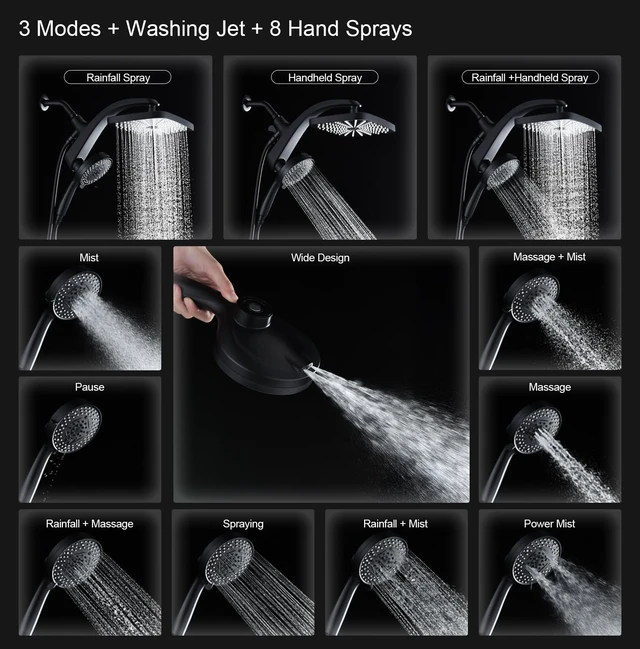 Alt view image 4 of 7 - Rain Shower Head with Handheld Showerhead, Black 1.8GPM 460311 | 12" High Pressure Rainfall Shower Heads, 9 Sprays Handheld Showerheads, Magnetic Docking, Power Jets, 59" Shower Hose