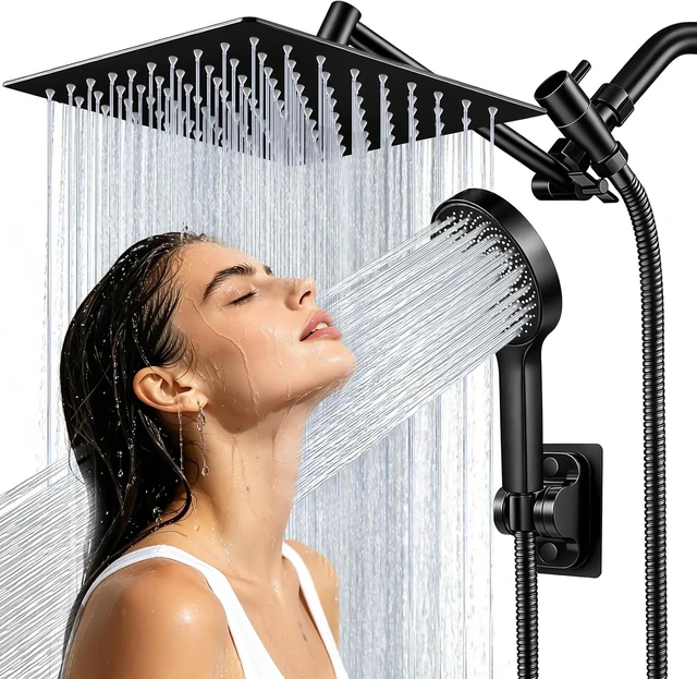 Main image of Shower Head, 8 inch Multifunction High Pressure Rain Shower Head with Handheld Spray Combo with 11'' Angle Adjustable Extension Arm/Flow Regulator/Shower System Matte Black
