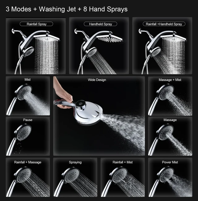 Alt view image 2 of 7 - Rain Shower Head with Handheld Showerhead, Chrome 1.75GPM 460311 | 12" High Pressure Rainfall Shower Heads, 9 Sprays Handheld Showerheads, Magnetic Docking, Power Jets, 59" Shower Hose