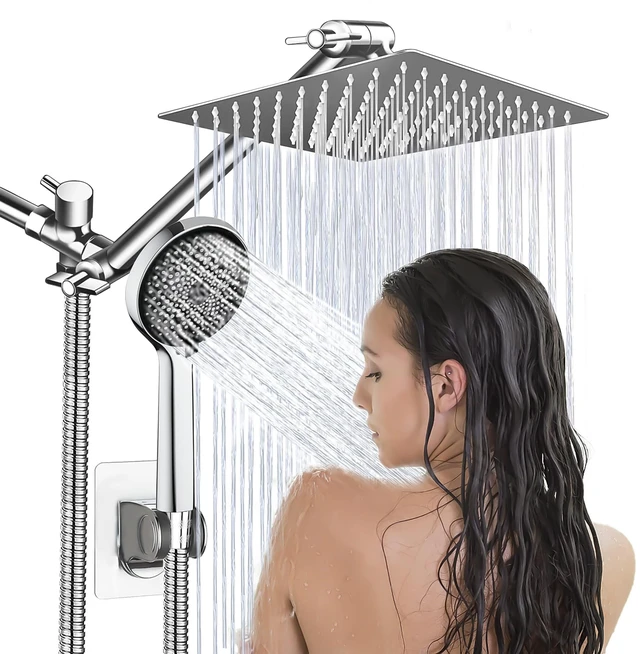 Main image of Shower Head, 8" High Pressure Rainfall Shower Head with Handheld Dual Spray | Anti-leak Shower Head with 11'' Extension Arm, 3 Modes Flow Regulator & 360° Adjustable Shower, Holder,Height,304 Chrome