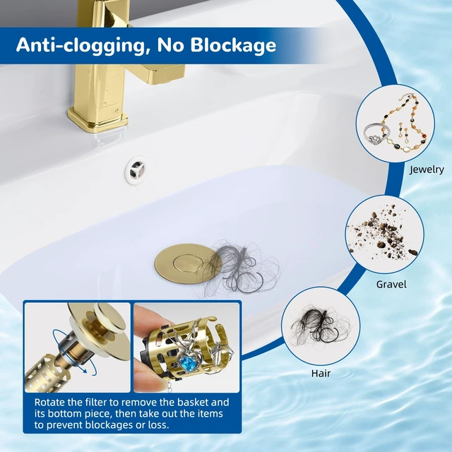 Alt view image 2 of 7 - Upgraded 3 in 1 Bathroom Sink Drain Strainer, Pop Up Stopper | Universal Sink Plug, Removable Stainless Steel Filter Basket Hair Catcher, Fit 1.1''-2.36'' Basin, Brass Core, Brushed Gold