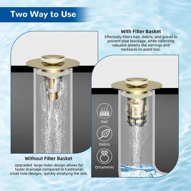 Alt view image 3 of 7 - Upgraded 3 in 1 Bathroom Sink Drain Strainer, Pop Up Stopper | Universal Sink Plug, Removable Stainless Steel Filter Basket Hair Catcher, Fit 1.1''-2.36'' Basin, Brass Core, Brushed Gold