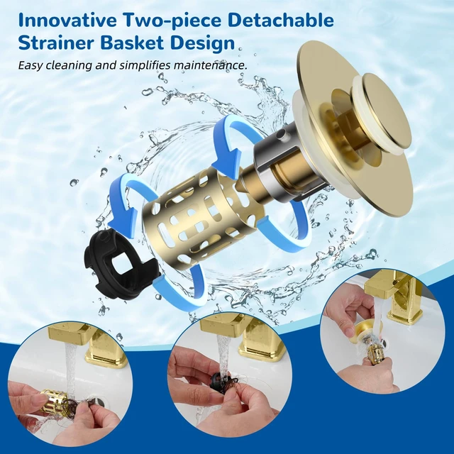 Alt view image 4 of 7 - Upgraded 3 in 1 Bathroom Sink Drain Strainer, Pop Up Stopper | Universal Sink Plug, Removable Stainless Steel Filter Basket Hair Catcher, Fit 1.1''-2.36'' Basin, Brass Core, Brushed Gold