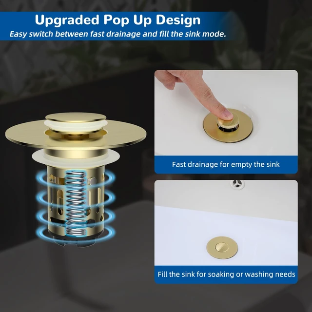 Alt view image 6 of 7 - Upgraded 3 in 1 Bathroom Sink Drain Strainer, Pop Up Stopper | Universal Sink Plug, Removable Stainless Steel Filter Basket Hair Catcher, Fit 1.1''-2.36'' Basin, Brass Core, Brushed Gold