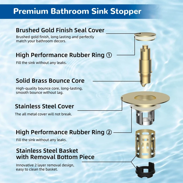 Alt view image 7 of 7 - Upgraded 3 in 1 Bathroom Sink Drain Strainer, Pop Up Stopper | Universal Sink Plug, Removable Stainless Steel Filter Basket Hair Catcher, Fit 1.1''-2.36'' Basin, Brass Core, Brushed Gold