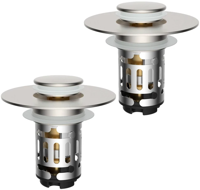 Main image of 2 PCS Upgraded 3 in 1 Bathroom Sink Drain Strainer, Pop Up Stopper | Universal Sink Plug, Removable Stainless Steel Filter Basket Hair Catcher, Fit 1.1''-2.36'' Basin, Brass Core, Brushed Nickel