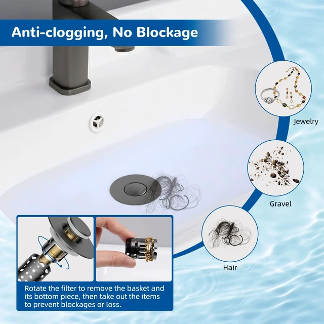 Alt view image 2 of 7 - Upgraded 3 in 1 Bathroom Sink Drain Strainer, Pop Up Stopper | Universal Sink Plug, Removable Stainless Steel Filter Basket Hair Catcher, Fit 1.1''-2.36'' Basin, Brass Bullet Core, Grey