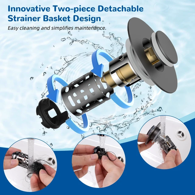 Alt view image 4 of 7 - Upgraded 3 in 1 Bathroom Sink Drain Strainer, Pop Up Stopper | Universal Sink Plug, Removable Stainless Steel Filter Basket Hair Catcher, Fit 1.1''-2.36'' Basin, Brass Bullet Core, Grey