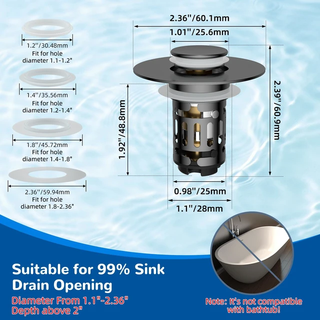 Alt view image 7 of 7 - Upgraded 3 in 1 Bathroom Sink Drain Strainer, Pop Up Stopper | Universal Sink Plug, Removable Stainless Steel Filter Basket Hair Catcher, Fit 1.1''-2.36'' Basin, Brass Bullet Core, Grey