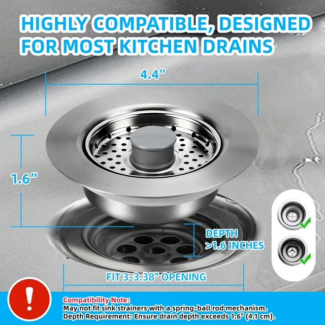 Alt view image 2 of 7 - Sink Drain Strainer - Kitchen Sink Stopper, 3 In 1 Kitchen Sink Drain Strainer with Anti-Clogging Basket, Fit US Standard 3-1/2'' Sink Hole