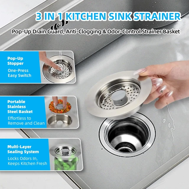 Alt view image 3 of 7 - Sink Drain Strainer - Kitchen Sink Stopper, 3 In 1 Kitchen Sink Drain Strainer with Anti-Clogging Basket, Fit US Standard 3-1/2'' Sink Hole