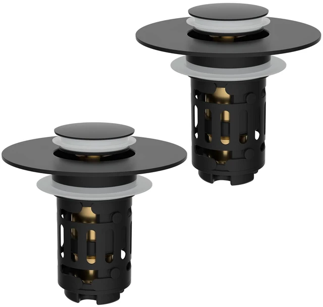 Main image of 2 PCS Upgraded 3 in 1 Bathroom Sink Drain Strainer, Pop Up Stopper | Universal Sink Plug, Removable Stainless Steel Filter Basket Hair Catcher, Fit 1.1''-2.36'' Basin, Brass Core, Matte Black