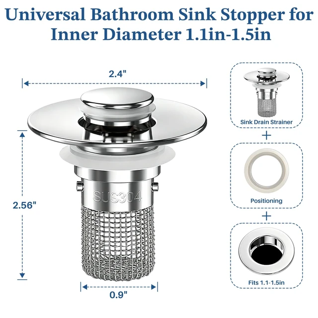 Alt view image 2 of 7 - Upgraded 3 in 1 Bathroom Sink Drain Strainer (Sliver 1PC) | Universal Pop Up Stopper with Removable Stainless Steel Filter Basket Hair Catcher, Sink Plug for 1.1''~2.36'' Basin