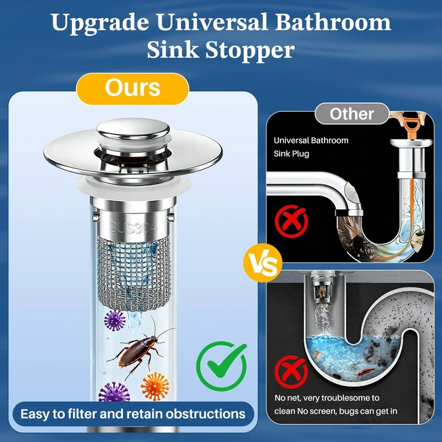 Alt view image 3 of 7 - Upgraded 3 in 1 Bathroom Sink Drain Strainer (Sliver 1PC) | Universal Pop Up Stopper with Removable Stainless Steel Filter Basket Hair Catcher, Sink Plug for 1.1''~2.36'' Basin