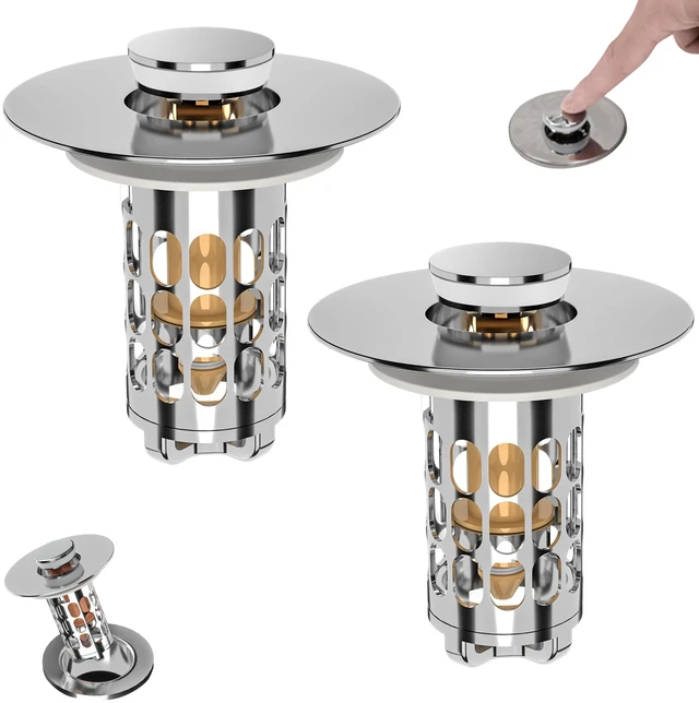 Main image of Bathroom Sink Stopper Drain Hair Catcher,3 in 1 Bathroom Sink Drain Strainer with Anti-Clogging Filter Basket,Sink Stopper Bathroom Drain for 1.06"~1.61" Drain Hole 2 PCS(Silver Chrome)
