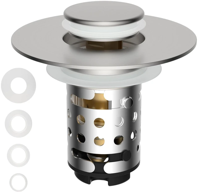 Main image of Universal Bathroom Sink Drain Stopper Hair Catcher, Brushed Nickel | Upgraded with 2-Layer Detachable Filter Basket, 4 in 1 Pop Up Drain Strainer, Anti-Clog, Fit for 1.1''~2.36'' Sinks