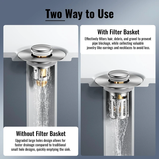Alt view image 6 of 7 - Heavy-Duty All-Metal Sink Stopper & Drain Strainer for Bathroom, Anti-Clog Anti Drain Flies/Smell Blocking/Easy Cleaning/2-Pack/Dual Drainage Modes/Pop-Up Design/Fits 1.1"2.36" Drain