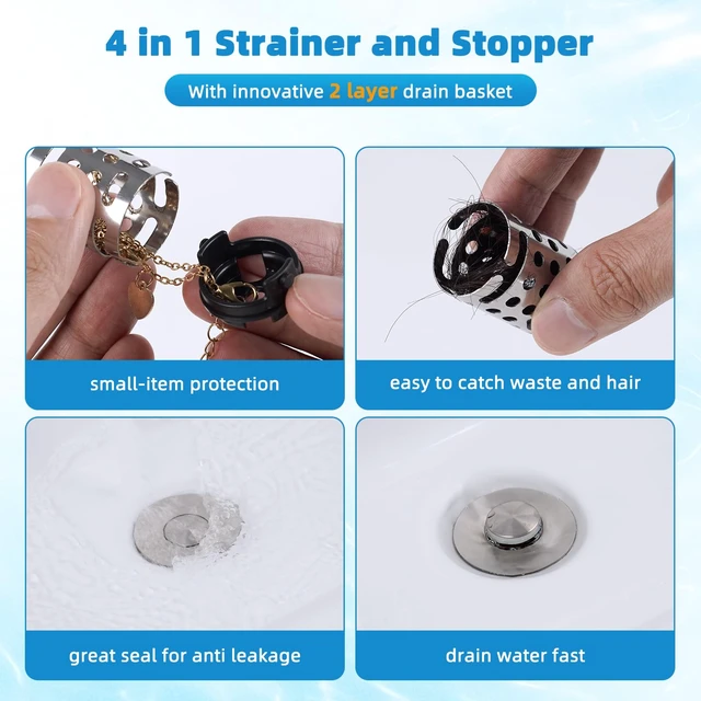 Alt view image 2 of 7 - Universal Bathroom Sink Drain Stopper Hair Catcher, Brushed Nickel | Upgraded with 2-Layer Detachable Filter Basket, 4 in 1 Pop Up Drain Strainer, Anti-Clog, Fit for 1.1''~2.36'' Sinks