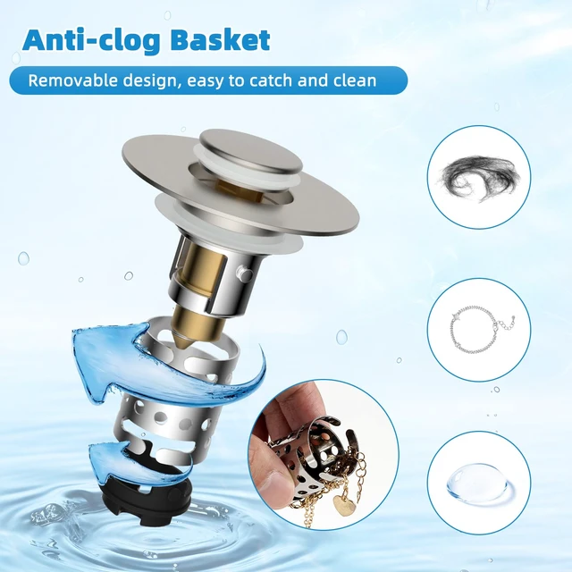 Alt view image 3 of 7 - Universal Bathroom Sink Drain Stopper Hair Catcher, Brushed Nickel | Upgraded with 2-Layer Detachable Filter Basket, 4 in 1 Pop Up Drain Strainer, Anti-Clog, Fit for 1.1''~2.36'' Sinks