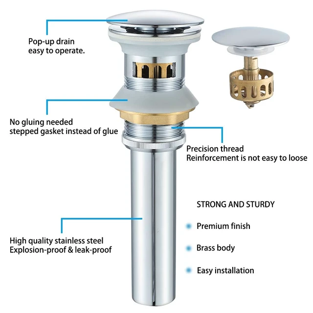 Alt view image 4 of 7 - Bathroom Sink Drain Chrome Lavatory Pop-up Drain with Detachable Basket Stopper, Anti-Explosion and Anti-Clogging Drain Strainerwith Overflow Hole