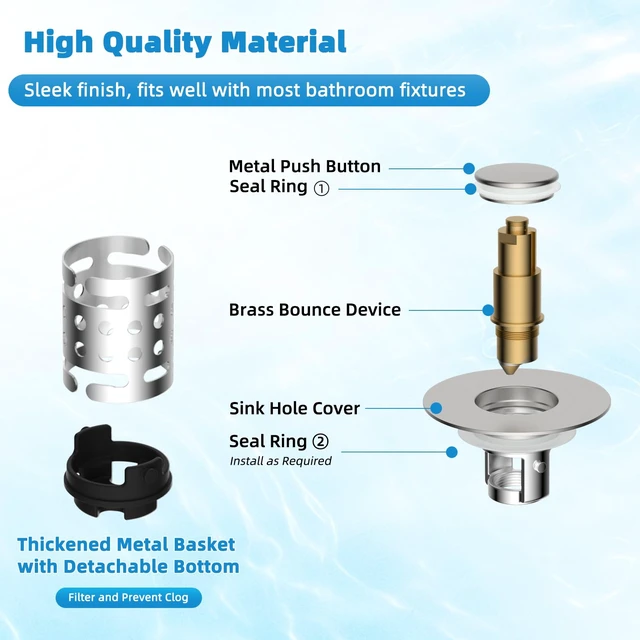 Alt view image 6 of 7 - Universal Bathroom Sink Drain Stopper Hair Catcher, Brushed Nickel | Upgraded with 2-Layer Detachable Filter Basket, 4 in 1 Pop Up Drain Strainer, Anti-Clog, Fit for 1.1''~2.36'' Sinks