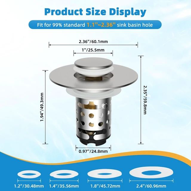 Alt view image 7 of 7 - Universal Bathroom Sink Drain Stopper Hair Catcher, Brushed Nickel | Upgraded with 2-Layer Detachable Filter Basket, 4 in 1 Pop Up Drain Strainer, Anti-Clog, Fit for 1.1''~2.36'' Sinks