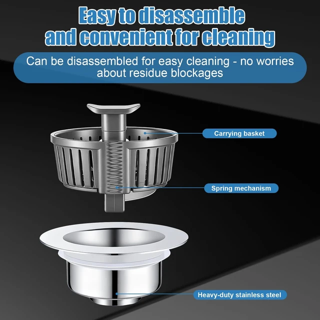 Alt view image 4 of 7 - Sink Drain Strainer - Sink Stopper Drain, 3 in 1 Kitchen Stainless Steel Drain Plug with Anti-Clog Basket, Pop-Up Cover - Fit 2.75-3.15 Inch Sink Hole, Kitchen Gadgets Sink Accessories
