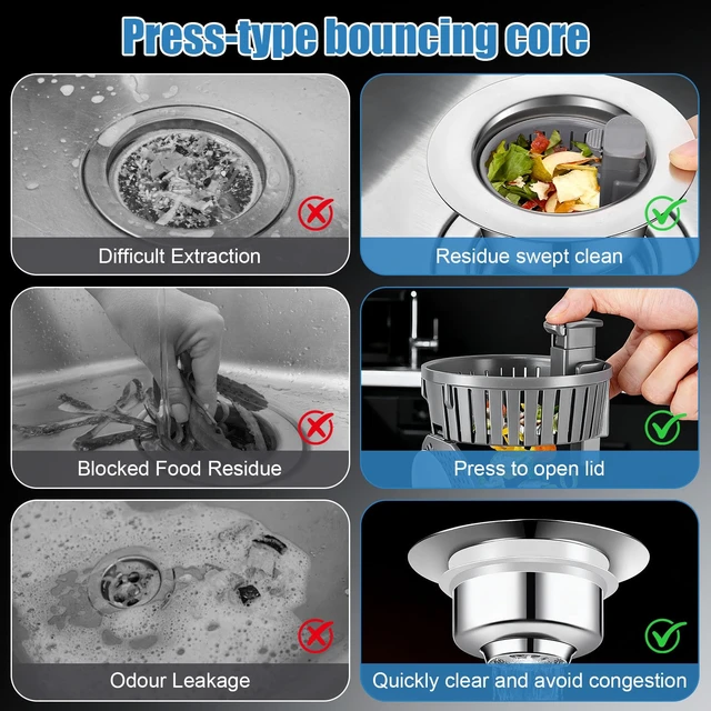 Alt view image 5 of 7 - Sink Drain Strainer - Sink Stopper Drain, 3 in 1 Kitchen Stainless Steel Drain Plug with Anti-Clog Basket, Pop-Up Cover - Fit 2.75-3.15 Inch Sink Hole, Kitchen Gadgets Sink Accessories