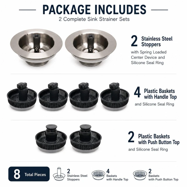Alt view image 2 of 7 - 2 Pack, 3 in 1 Kitchen Sink Drain Strainer Stainless Steel Pop Up Sink Stopper, Plastic Anti-Clogging Basket Strainer with Handle for Standard 3-1/2" Drain