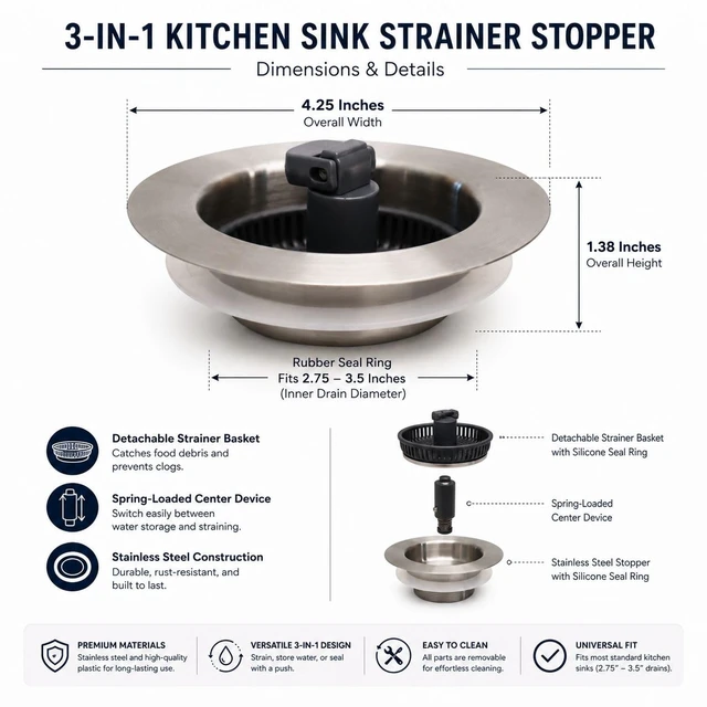 Alt view image 3 of 7 - 2 Pack, 3 in 1 Kitchen Sink Drain Strainer Stainless Steel Pop Up Sink Stopper, Plastic Anti-Clogging Basket Strainer with Handle for Standard 3-1/2" Drain