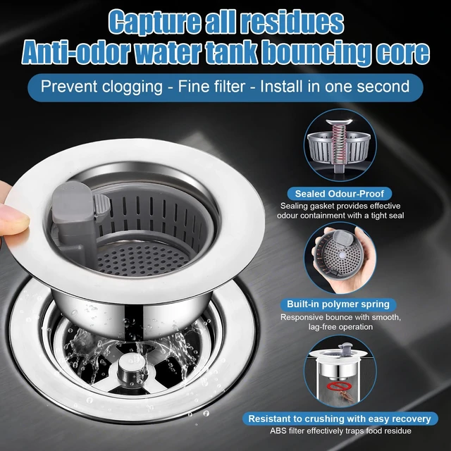 Alt view image 3 of 7 - Sink Drain Strainer - Sink Stopper Drain, 3 in 1 Kitchen Stainless Steel Drain Plug with Anti-Clog Basket, Pop-Up Cover - Fit 2.75-3.15 Inch Sink Hole, Kitchen Gadgets Sink Accessories