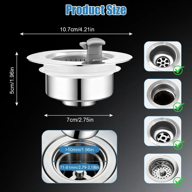 Alt view image 7 of 7 - Sink Drain Strainer - Sink Stopper Drain, 3 in 1 Kitchen Stainless Steel Drain Plug with Anti-Clog Basket, Pop-Up Cover - Fit 2.75-3.15 Inch Sink Hole, Kitchen Gadgets Sink Accessories