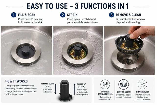Alt view image 6 of 7 - 2 Pack, 3 in 1 Kitchen Sink Drain Strainer Stainless Steel Pop Up Sink Stopper, Plastic Anti-Clogging Basket Strainer with Handle for Standard 3-1/2" Drain