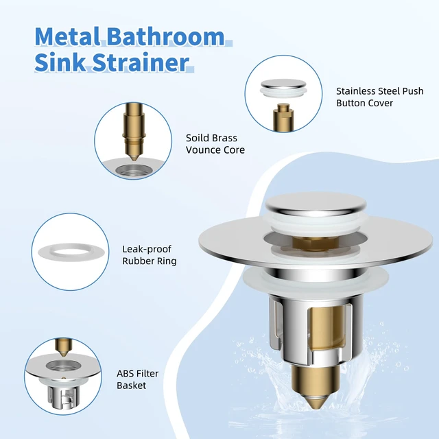 Alt view image 4 of 7 - Universal Metal Bathroom Sink Stopper, Drain Strainer Hair Catcher, Chrome Stainless Steel Sink Drain Stopper for 1.1''~2.36" US Basin, Pop-Up Drain Plug/Anti-Clogging Filter Basket/Brass Bounce Core