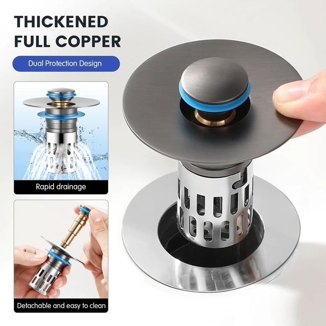 Alt view image 3 of 7 - Universal Bathroom Sink Stopper, Pop Up Sink Drain Strainer Plug with Removable Stainless Steel Filter Basket Hair Catcher,Solid Brass Body,Bathroom Bathtub Drain Stopper,Gun Grey
