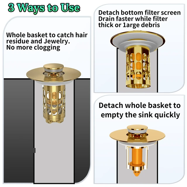 Alt view image 3 of 7 - 3 in 1 Bathroom Sink Drain Strainer,Universal Bathroom Sink Stopper Hair Catcher,with Filter Basket to Anti-Clogging Easy Install Sink Plug Drain Catcher for 1.05~1.65 Drain Hole