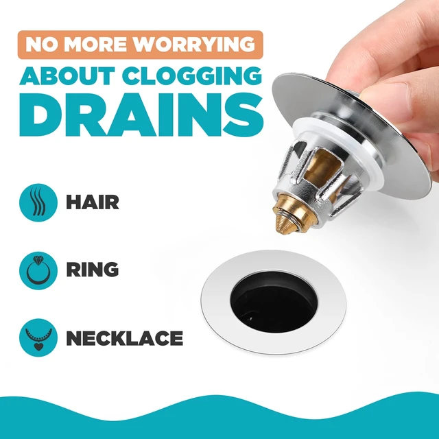 Alt view image 3 of 6 - Universal Bathroom Sink Stopper, for 1.1-1.5 Inch Bullet Core Push Type Basin Pop Up Drain Filter, Sink Drain Strainer Plug No Overflow with Basket Hair Catcher