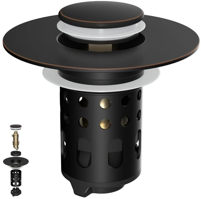 Main image of Universal 4 in 1 Bathroom Drain Stopper Pop Up Hair Catcher, Oil Rubbed | Upgraded Limit Switch Design Drain Plug for 1.1"-2.36" Hole, Removable Stainless Steel Filter Basket, Brass Bullet Core