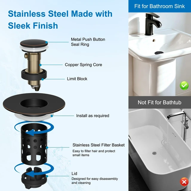 Alt view image 6 of 7 - Universal 4 in 1 Bathroom Drain Stopper Pop Up Hair Catcher, Oil Rubbed | Upgraded Limit Switch Design Drain Plug for 1.1"-2.36" Hole, Removable Stainless Steel Filter Basket, Brass Bullet Core