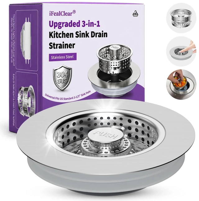 Main image of Universal Metal Kitchen Sink Drain Strainer, 3 in 1 Pop-Up Sink Stopper | Stainless Steel Drain Stopper Plug/Large Anti-Clogging Detachable Basket/3-Layer Tight Seal, Fit 3-1/2" Drain, Brushed Nickel