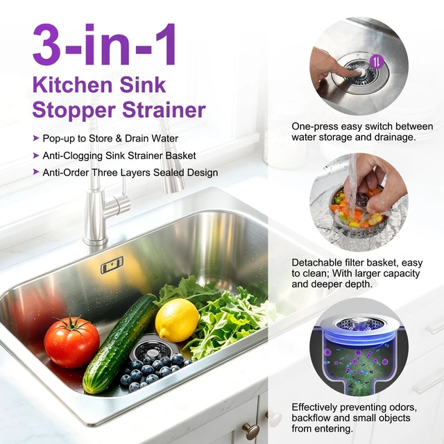 Alt view image 2 of 7 - Universal Metal Kitchen Sink Drain Strainer, 3 in 1 Pop-Up Sink Stopper | Stainless Steel Drain Stopper Plug/Large Anti-Clogging Detachable Basket/3-Layer Tight Seal, Fit 3-1/2" Drain, Brushed Nickel