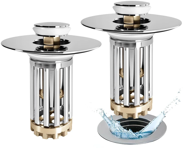Main image of Bathroom Sink Drain Strainer, 2PCS 3in1 Pop Up Bathroom Sink Stopper | with Removable Basket Hair Catcher, Universal Sink Plug for 1.06 in to 1.6 in Drain, Chrome Silver